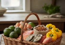 Avocados, Eggs, Salmon, Oysters, Almonds, Sweet potatoes, Yellow peppers