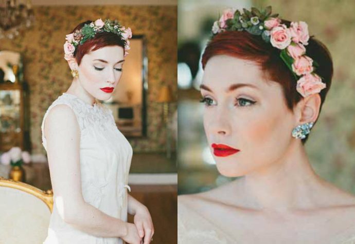 red wedding pixie cut with flower crown