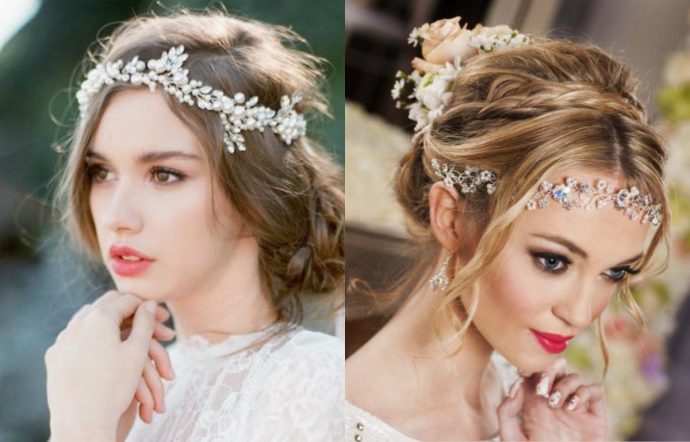 bridal low bun with precious stones headband