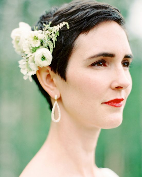Short wedding pixie cut with flowers